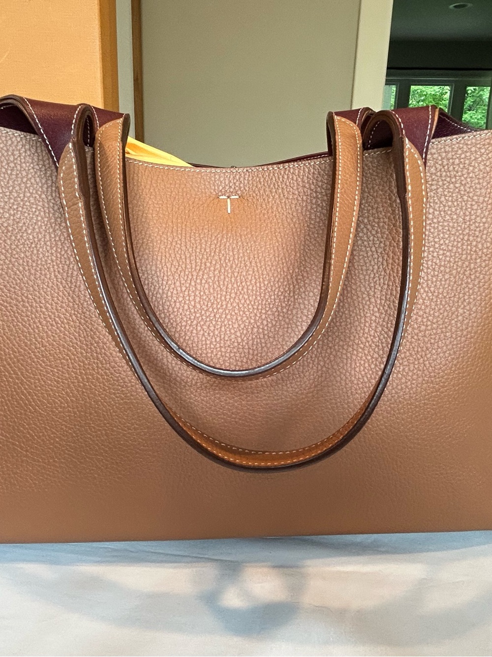 Tod's Tan and Dark Brown Leather Tote with Silver T Charm - Picture 3 of 12